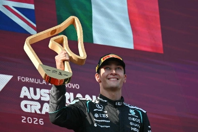 Mercedes’ British driver George Russell celebrates with his trophy on the podium after winning the Austrian Grand Prix at the Red Bull Ring race track in Spielberg, Austria, on June 28, 2026. (AFP) Mercedes’ British driver George Russell celebrates with his trophy on the podium after winning the Austrian Grand Prix at the Red Bull Ring race track in Spielberg, Austria, on June 28, 2026. (AFP)
