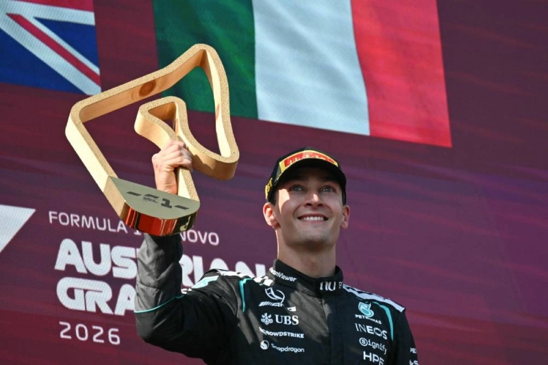 Mercedes’ British driver George Russell celebrates with his trophy on the podium after winning the Austrian Grand Prix at the Red Bull Ring race track in Spielberg, Austria, on June 28, 2026. (AFP) Mercedes’ British driver George Russell celebrates with his trophy on the podium after winning the Austrian Grand Prix at the Red Bull Ring race track in Spielberg, Austria, on June 28, 2026. (AFP)