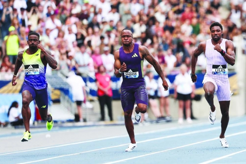 From Left: First-placed US' Trayvon Bromell, fourth-placed South Africa's Akani Simbine and second-placed US' Noah Lyles during the men's 100m final at the IAAF Diamond League meeting in Paris on June 28, 2026. (AFP) From Left: First-placed US' Trayvon Bromell, fourth-placed South Africa's Akani Simbine and second-placed US' Noah Lyles during the men's 100m final at the IAAF Diamond League meeting in Paris on June 28, 2026. (AFP)