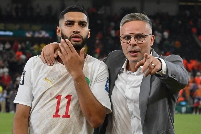 TOPSHOT - Morocco's head coach Mohamed Ouahbi and Morocco's midfielder #11 Ismael Saibari celebrate after winning in the shootout during the 2026 World Cup round of 32 football match between the Netherlands and Morocco at the Monterrey Stadium in Guadalupe on June 29, 2026. (Photo by CARL DE SOUZA / AFP) TOPSHOT - Morocco's head coach Mohamed Ouahbi and Morocco's midfielder #11 Ismael Saibari celebrate after winning in the shootout during the 2026 World Cup round of 32 football match between the Netherlands and Morocco at the Monterrey Stadium in Guadalupe on June 29, 2026. (Photo by CARL DE SOUZA / AFP)