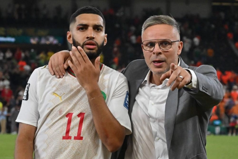 TOPSHOT - Morocco's head coach Mohamed Ouahbi and Morocco's midfielder #11 Ismael Saibari celebrate after winning in the shootout during the 2026 World Cup round of 32 football match between the Netherlands and Morocco at the Monterrey Stadium in Guadalupe on June 29, 2026. (Photo by CARL DE SOUZA / AFP) TOPSHOT - Morocco's head coach Mohamed Ouahbi and Morocco's midfielder #11 Ismael Saibari celebrate after winning in the shootout during the 2026 World Cup round of 32 football match between the Netherlands and Morocco at the Monterrey Stadium in Guadalupe on June 29, 2026. (Photo by CARL DE SOUZA / AFP)