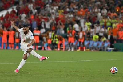 Morocco’s midfielder Ismael Saibari shoots and scores his penalty in the shootout during the 2026 World Cup round of 32 match against the Netherlands at the Monterrey Stadium in Guadalupe on June 29, 2026. (AFP) Morocco’s midfielder Ismael Saibari shoots and scores his penalty in the shootout during the 2026 World Cup round of 32 match against the Netherlands at the Monterrey Stadium in Guadalupe on June 29, 2026. (AFP)