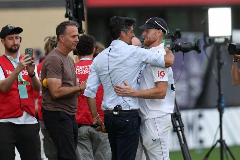 Former England captains Michael Vaughan (second left) and Alastair Cook (centre) have a word with England's Ben Stokes (right) after play on the fourth day of the third Test between England and New Zealand at Trent Bridge in Nottingham on June 28, 2026. (AFP) Former England captains Michael Vaughan (second left) and Alastair Cook (centre) have a word with England's Ben Stokes (right) after play on the fourth day of the third Test between England and New Zealand at Trent Bridge in Nottingham on June 28, 2026. (AFP)