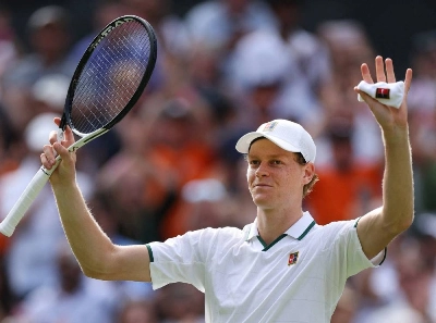 Italy's Jannik Sinner celebrates winning his first round match against Serbia's Miomir Kecmanovic at Wimbledon. (AFP) Italy's Jannik Sinner celebrates winning his first round match against Serbia's Miomir Kecmanovic at Wimbledon. (AFP)