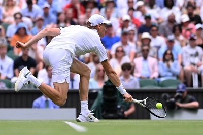 Italy’s Jannik Sinner returns against Portugal’s Nuno Borges on the third day of the 2026 Wimbledon Championships at The All England Lawn Tennis and Croquet Club in Wimbledon, southwest London, on July 1, 2026. (AFP) Italy’s Jannik Sinner returns against Portugal’s Nuno Borges on the third day of the 2026 Wimbledon Championships at The All England Lawn Tennis and Croquet Club in Wimbledon, southwest London, on July 1, 2026. (AFP)