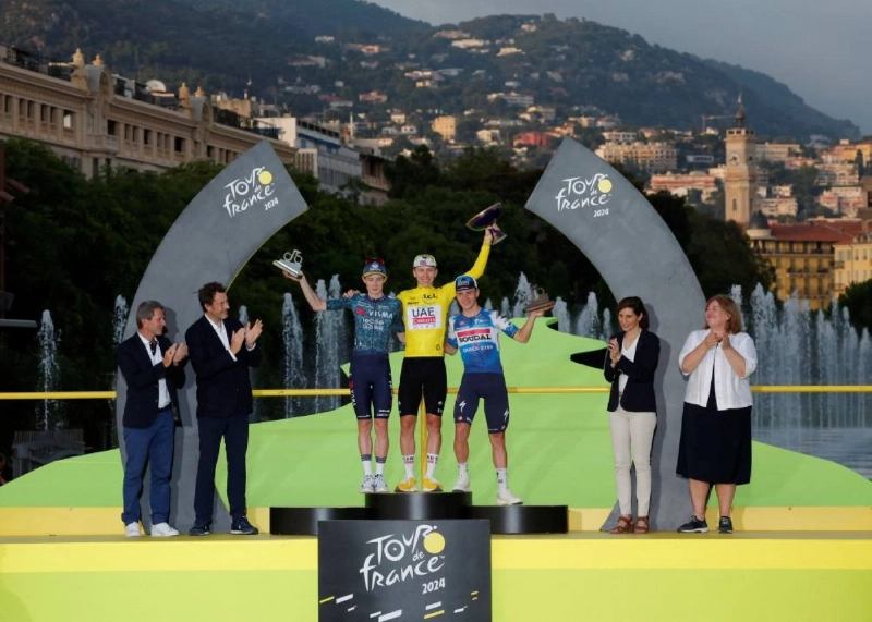 UAE Team Emirates' Tadej Pogacar celebrates on the podium wearing the yellow jersey with a trophy after winning the Tour de France alongside second place Team Visma | Lease a Bike's Jonas Vingegaard and third place Soudal Quick-Step's Remco Evenepoel on July 21, 2024. (Reuters) UAE Team Emirates' Tadej Pogacar celebrates on the podium wearing the yellow jersey with a trophy after winning the Tour de France alongside second place Team Visma | Lease a Bike's Jonas Vingegaard and third place Soudal Quick-Step's Remco Evenepoel on July 21, 2024. (Reuters)