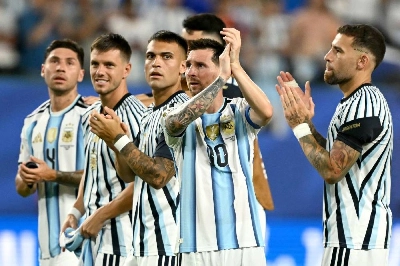 Argentina’s forward Lionel Messi celebrates next to teammates after winning the 2026 World Cup round of 32 match against Cape Verde at the Miami Stadium in Miami Gardens on July 3, 2026. (AFP) Argentina’s forward Lionel Messi celebrates next to teammates after winning the 2026 World Cup round of 32 match against Cape Verde at the Miami Stadium in Miami Gardens on July 3, 2026. (AFP)