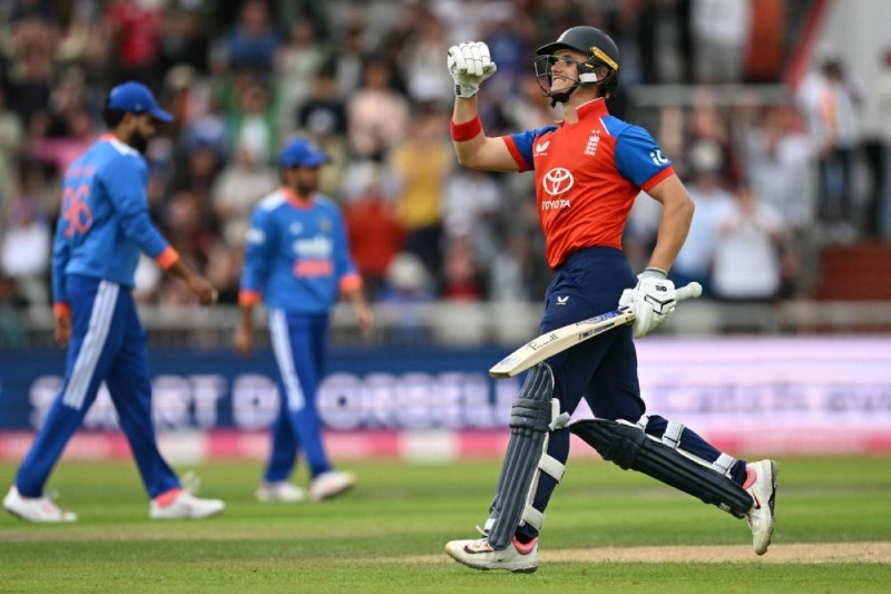 England's Jacob Bethell celebrates as England hit the winning runs during the second Twenty20 international against India at Old Trafford in Manchester, north-west England on July 4, 2026. England won by 4 wickets. (AFP) England's Jacob Bethell celebrates as England hit the winning runs during the second Twenty20 international against India at Old Trafford in Manchester, north-west England on July 4, 2026. England won by 4 wickets. (AFP)
