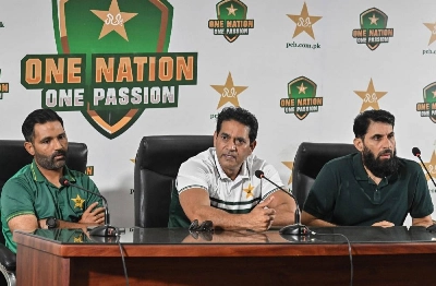 Pakistan selection committee members Aaqib Javed (centre), Asad Shafiq (left) and Misbah-ul-Haq attend a press conference in Lahore on July 5, 2026. The committee has replaced struggling Test captain Shan Masood with Babar Azam. (AFP) Pakistan selection committee members Aaqib Javed (centre), Asad Shafiq (left) and Misbah-ul-Haq attend a press conference in Lahore on July 5, 2026. The committee has replaced struggling Test captain Shan Masood with Babar Azam. (AFP)