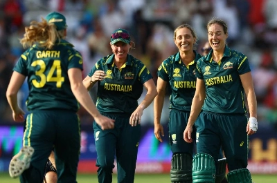 Australia's Ashleigh Gardner, Ellyse Perry, Beth Mooney and Kim Garth celebrate winning the ICC Women's T20 World Cup 2026 at Lord's Cricket Ground, London, Britain, on Sunday. (Reuters) Australia's Ashleigh Gardner, Ellyse Perry, Beth Mooney and Kim Garth celebrate winning the ICC Women's T20 World Cup 2026 at Lord's Cricket Ground, London, Britain, on Sunday. (Reuters)