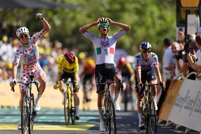 UAE Team Emirates XRG's Isaac Del Toro celebrates winning stage 2 alongside teammate Tadej Pogacar at the Tour de France in Barcelona, Spain, on Sunday. (Reuters) UAE Team Emirates XRG's Isaac Del Toro celebrates winning stage 2 alongside teammate Tadej Pogacar at the Tour de France in Barcelona, Spain, on Sunday. (Reuters)