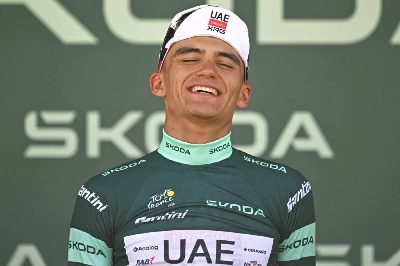 UAE Team Emirates - XRG's Mexican rider Isaac Del Toro celebrates on the podium with the best sprinter's green jersey after the 2nd stage of the 113th edition of the Tour de France cycling race, 168,5 km between Tarragona and Barcelona in northeastern Spain, on July 5, 2026. (AFP) UAE Team Emirates - XRG's Mexican rider Isaac Del Toro celebrates on the podium with the best sprinter's green jersey after the 2nd stage of the 113th edition of the Tour de France cycling race, 168,5 km between Tarragona and Barcelona in northeastern Spain, on July 5, 2026. (AFP)