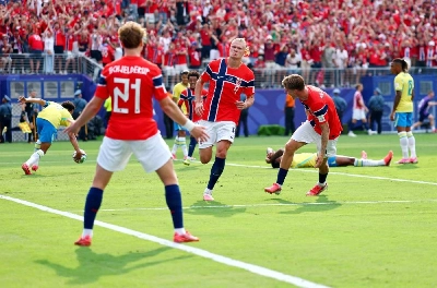 Norway's Erling Haaland celebrates scoring their first goal during the FIFA World Cup 2026 Round of 16 clash against Brazil at New York New Jersey Stadium, East Rutherford, New Jersey, US, on July 5, 2026. (Reuters) Norway's Erling Haaland celebrates scoring their first goal during the FIFA World Cup 2026 Round of 16 clash against Brazil at New York New Jersey Stadium, East Rutherford, New Jersey, US, on July 5, 2026. (Reuters)