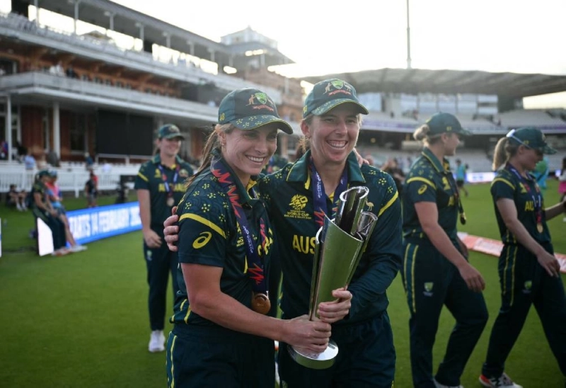 Australia's captain Sophie Molineux (centre left) with the trophy as Australia take a lap of honour after the ICC Women's T20 World Cup 2026 final against England at Lord's in London on July 5, 2026. (AFP) Australia's captain Sophie Molineux (centre left) with the trophy as Australia take a lap of honour after the ICC Women's T20 World Cup 2026 final against England at Lord's in London on July 5, 2026. (AFP)