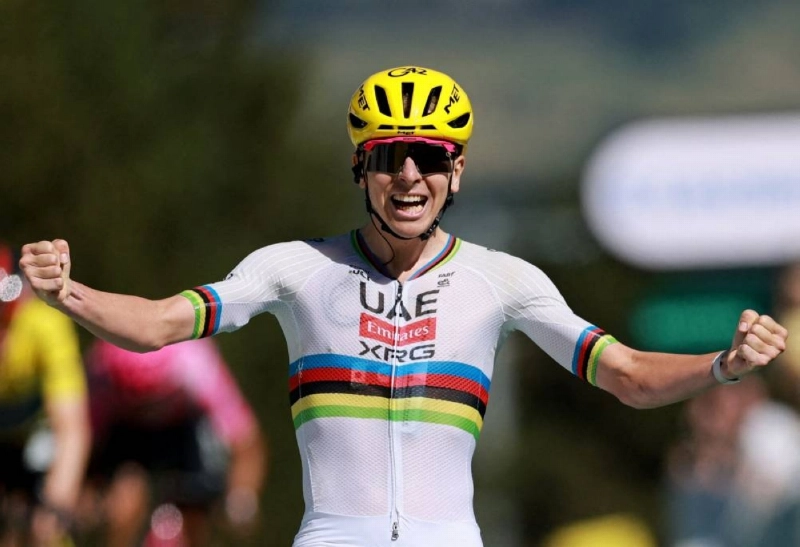 UAE Team Emirates - XRG's Tadej Pogacar celebrates winning stage 3 at the Tour de France from Granollers to Les Angles in France on Monday. (Reuters) UAE Team Emirates - XRG's Tadej Pogacar celebrates winning stage 3 at the Tour de France from Granollers to Les Angles in France on Monday. (Reuters)