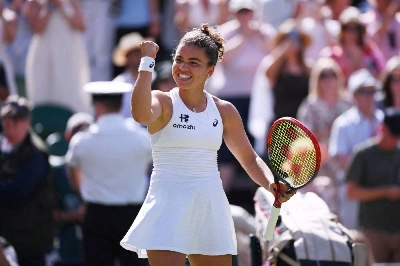 Italy's Jasmine Paolini celebrates after winning her fourth-round match against Philippines' Alexandra Eala at Wimbledon Championships at All England Lawn Tennis and Croquet Club, London, Britain, on Monday. (Reuters) Italy's Jasmine Paolini celebrates after winning her fourth-round match against Philippines' Alexandra Eala at Wimbledon Championships at All England Lawn Tennis and Croquet Club, London, Britain, on Monday. (Reuters)