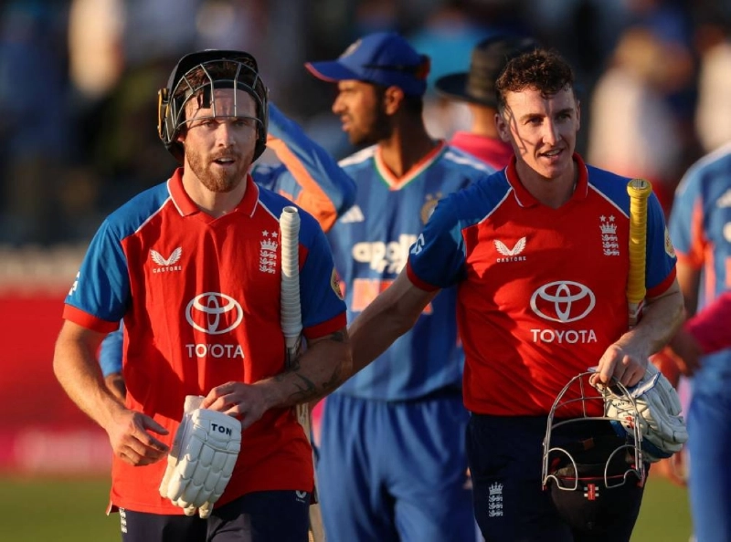 England's Harry Brook and Phil Salt celebrate after England win the match in the fourth T20 International at Seat Unique Stadium, Bristol, Britain, on July 9, 2026. (Reuters) England's Harry Brook and Phil Salt celebrate after England win the match in the fourth T20 International at Seat Unique Stadium, Bristol, Britain, on July 9, 2026. (Reuters)