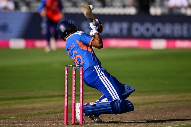 India's Shreyas Iyer ducks a high ball but plays a shot for six runs during the fourth Twenty20 (T20) International against England at the Seat Unique Stadium, in Bristol, south west England, on July 9, 2026. (AFP) India's Shreyas Iyer ducks a high ball but plays a shot for six runs during the fourth Twenty20 (T20) International against England at the Seat Unique Stadium, in Bristol, south west England, on July 9, 2026. (AFP)