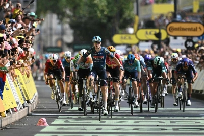 Soudal Quick-Step team's Belgian rider Tim Merlier cycles to the finish line to win the 7th stage of the 113th edition of the Tour de France, 175 km between Hagetmau and Bordeaux in southwestern France, on July 10, 2026. (AFP) Soudal Quick-Step team's Belgian rider Tim Merlier cycles to the finish line to win the 7th stage of the 113th edition of the Tour de France, 175 km between Hagetmau and Bordeaux in southwestern France, on July 10, 2026. (AFP)