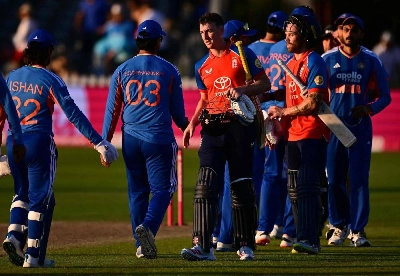 England's Harry Brook (centre) shakes hands with India's Vaibhav Sooryavanshi after England won the fourth Twenty20 at the Seat Unique Stadium, in Bristol, south west England, on July 9, 2026. (AFP) England's Harry Brook (centre) shakes hands with India's Vaibhav Sooryavanshi after England won the fourth Twenty20 at the Seat Unique Stadium, in Bristol, south west England, on July 9, 2026. (AFP)