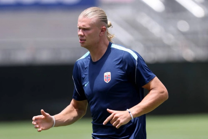 Erling Haaland #9 of Norway attends a training session one day ahead of the Quarter Final match: AFP Erling Haaland #9 of Norway attends a training session one day ahead of the Quarter Final match: AFP