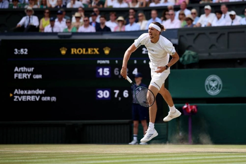 Germany's Alexander Zverev returns to Britain's Arthur Fery during their Wimbledon semi-final at The All England Lawn Tennis and Croquet Club in Wimbledon, southwest London, on July 10, 2026. (AFP) Germany's Alexander Zverev returns to Britain's Arthur Fery during their Wimbledon semi-final at The All England Lawn Tennis and Croquet Club in Wimbledon, southwest London, on July 10, 2026. (AFP)