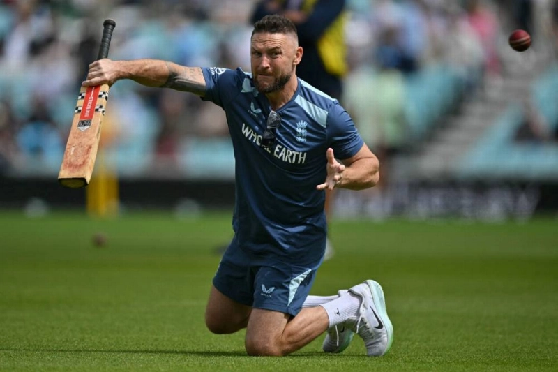 England's head coach Brendon McCullum helps the players warm up on the opening day of the second Test against New Zealand at The Oval in London on June 17, 2026. (AFP) England's head coach Brendon McCullum helps the players warm up on the opening day of the second Test against New Zealand at The Oval in London on June 17, 2026. (AFP)