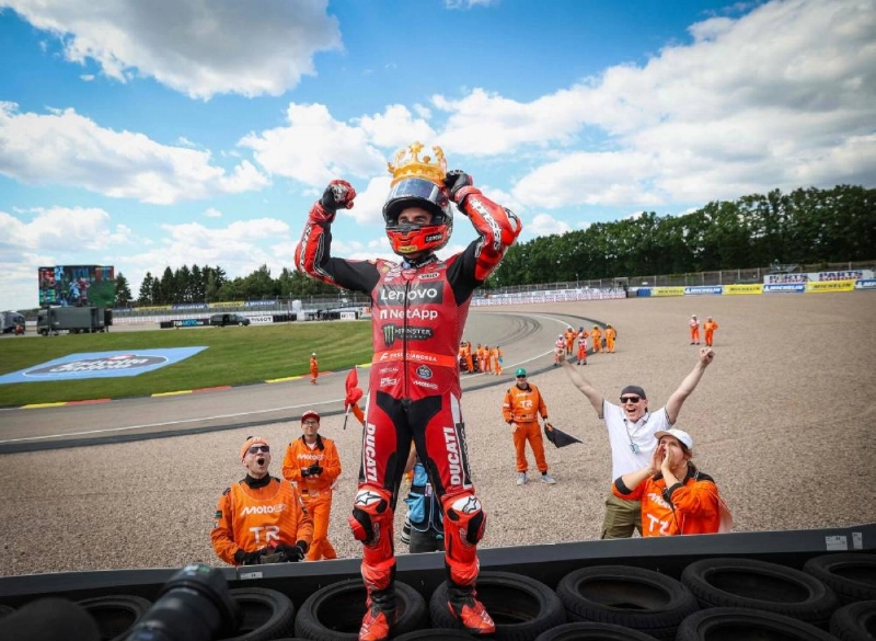 Ducati Lenovo Team's Spanish rider Marc Marquez celebrates with an inflatable crown after winning the race of the German Grand Prix, in Hohenstein-Ernstthal near Chemnitz, eastern Germany on July 12, 2026. (AFP) Ducati Lenovo Team's Spanish rider Marc Marquez celebrates with an inflatable crown after winning the race of the German Grand Prix, in Hohenstein-Ernstthal near Chemnitz, eastern Germany on July 12, 2026. (AFP)