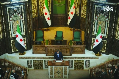 Syria's President Ahmed al-Sharaa (C) speaking during the first meeting of Syria's new transitional parliament in Damascus. (AFP) Syria's President Ahmed al-Sharaa (C) speaking during the first meeting of Syria's new transitional parliament in Damascus. (AFP)