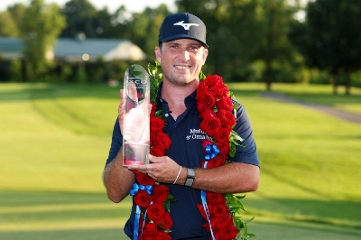Steven Fisk of the United States poses with the trophy after winning the ISCO Championship 2026 at Hurstbourne Country Club on July 12, 2026 in Louisville, Kentucky. (AFP) Steven Fisk of the United States poses with the trophy after winning the ISCO Championship 2026 at Hurstbourne Country Club on July 12, 2026 in Louisville, Kentucky. (AFP)