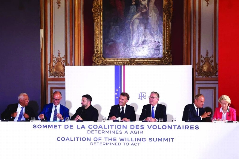From left: European Council President Antonio Costa, German Chancellor Friedrich Merz, Ukrainian President Volodymyr Zelensky, French President Emmanuel Macron, British PM Keir Starmer, Polish PM Donald Tusk, and European Commission President Ursula von der Leyen attend take part in a summit of the Coalition of the Willing to support Ukraine at the Hotel des Invalides in Paris Monday. (AFP) From left: European Council President Antonio Costa, German Chancellor Friedrich Merz, Ukrainian President Volodymyr Zelensky, French President Emmanuel Macron, British PM Keir Starmer, Polish PM Donald Tusk, and European Commission President Ursula von der Leyen attend take part in a summit of the Coalition of the Willing to support Ukraine at the Hotel des Invalides in Paris Monday. (AFP)