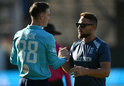 England's head coach Brendon McCullum (right) talks England's Harry Brook with after the first one-day international (ODI) against India at Edgbaston cricket ground in Birmingham, central England on July 14, 2026. (AFP) England's head coach Brendon McCullum (right) talks England's Harry Brook with after the first one-day international (ODI) against India at Edgbaston cricket ground in Birmingham, central England on July 14, 2026. (AFP)
