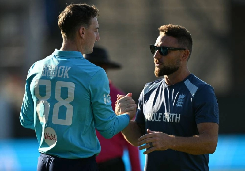 England's head coach Brendon McCullum (right) talks England's Harry Brook with after the first one-day international (ODI) against India at Edgbaston cricket ground in Birmingham, central England on July 14, 2026. (AFP) England's head coach Brendon McCullum (right) talks England's Harry Brook with after the first one-day international (ODI) against India at Edgbaston cricket ground in Birmingham, central England on July 14, 2026. (AFP)