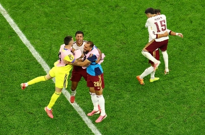 Spain's Borja Iglesias and Alex Baena celebrate with teammates after the FIFA World Cup 2026 semi-final at Dallas Stadium, Arlington, Texas, US, on July 14, 2026. (Reuters)
Spain's Borja Iglesias and Alex Baena celebrate with teammates after the FIFA World Cup 2026 semi-final at Dallas Stadium, Arlington, Texas, US, on July 14, 2026. (Reuters)