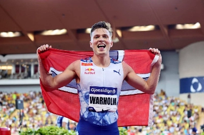 Karsten Warholm of Norway celebrates winning in the men's 400m hurdles event during the IAAF Diamond League meeting at the Louis II Stadium in Monaco on July 21, 2023. (AFP) Karsten Warholm of Norway celebrates winning in the men's 400m hurdles event during the IAAF Diamond League meeting at the Louis II Stadium in Monaco on July 21, 2023. (AFP)