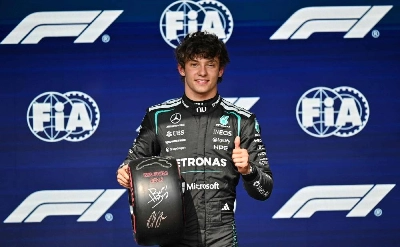Mercedes' Italian driver Kimi Antonelli reacts after winning the pole position during the qualifying session at the Spa-Francorchamps circuit, in Spa, ahead of the Formula One Belgian Grand Prix, on July 18, 2026. (AFP) Mercedes' Italian driver Kimi Antonelli reacts after winning the pole position during the qualifying session at the Spa-Francorchamps circuit, in Spa, ahead of the Formula One Belgian Grand Prix, on July 18, 2026. (AFP)