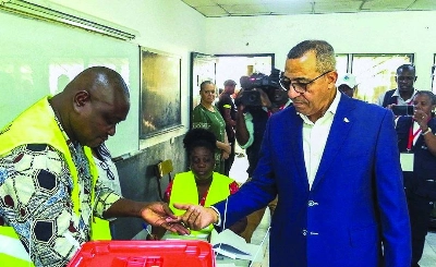 Incumbent President Carlos Vila Nova puts ink on his finger after voting at a polling station during the presidential election in Sao Tome. Reuters Incumbent President Carlos Vila Nova puts ink on his finger after voting at a polling station during the presidential election in Sao Tome. Reuters