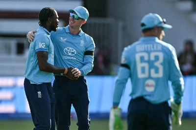 England's Jofra Archer (left) celebrates with England's Harry Brook (second left) after the dismissal of India's KL Rahul (not pictured) during the third one-day international at Lord's cricket ground in London on July 19, 2026. (AFP) England's Jofra Archer (left) celebrates with England's Harry Brook (second left) after the dismissal of India's KL Rahul (not pictured) during the third one-day international at Lord's cricket ground in London on July 19, 2026. (AFP)