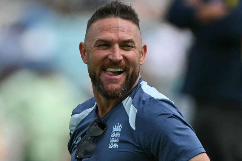 England's head coach Brendon McCullum helps the players warm up on the opening day of the second Test against New Zealand at The Oval in London on June 17, 2026. (AFP) England's head coach Brendon McCullum helps the players warm up on the opening day of the second Test against New Zealand at The Oval in London on June 17, 2026. (AFP)