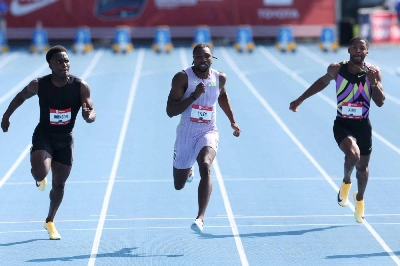 (From left) Lawrence Johnson, Noah Lyles, Kyree King compete in the second heat of the men's 100m during the 2026 USATF Outdoor Track & Field Championships at Icahn Stadium on July 23, 2026 in New York City. (AFP) (From left) Lawrence Johnson, Noah Lyles, Kyree King compete in the second heat of the men's 100m during the 2026 USATF Outdoor Track & Field Championships at Icahn Stadium on July 23, 2026 in New York City. (AFP)