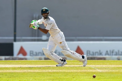Shan Masood of Pakistan in action during the 2nd day of first Test against West Indies at Brian Lara Cricket Academy in Tarouba, Trinidad and Tobago on July 26, 2026. (AFP) Shan Masood of Pakistan in action during the 2nd day of first Test against West Indies at Brian Lara Cricket Academy in Tarouba, Trinidad and Tobago on July 26, 2026. (AFP)