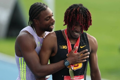 Noah Lyles congratulates Garrett Kaalund for winning the men's 200m final during the 2026 USATF Outdoor Track & Field Championships at Icahn Stadium on July 26, 2026 in New York. (AFP) Noah Lyles congratulates Garrett Kaalund for winning the men's 200m final during the 2026 USATF Outdoor Track & Field Championships at Icahn Stadium on July 26, 2026 in New York. (AFP)