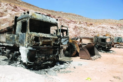 Heavy machinery that was burned inside a Palestinian quarry after Palestianians say Israeli settlers attacked Monday, near Ramallah, in the Israeli-occupied West Bank, July 27, 2026. REUTERS Heavy machinery that was burned inside a Palestinian quarry after Palestianians say Israeli settlers attacked Monday, near Ramallah, in the Israeli-occupied West Bank, July 27, 2026. REUTERS