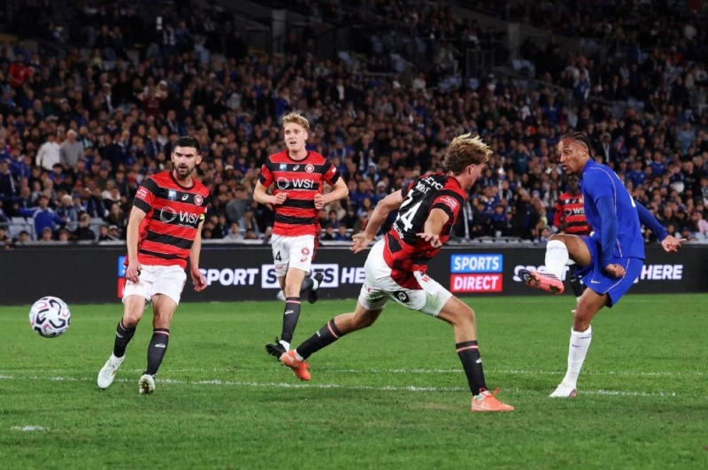 Chelsea's Joao Pedro scores their fifth goal against Western Sydney Wanderers in the pre-season friendly Sydney Super Cup in Sydney on July 28, 2026. (Reuters)
