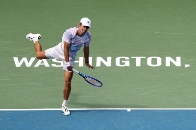 Alex de Minaur of Australia serves during the Mubadala Citi DC Open match against Stefanos Tsitsipas of Greece at William H.G. FitzGerald Tennis Center in Washington, DC, on July 29, 2026 . (AFP) Alex de Minaur of Australia serves during the Mubadala Citi DC Open match against Stefanos Tsitsipas of Greece at William H.G. FitzGerald Tennis Center in Washington, DC, on July 29, 2026 . (AFP)