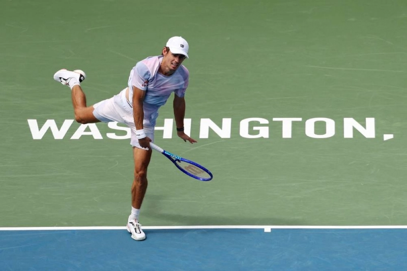 Alex de Minaur of Australia serves during the Mubadala Citi DC Open match against Stefanos Tsitsipas of Greece at William H.G. FitzGerald Tennis Center in Washington, DC, on July 29, 2026 . (AFP) Alex de Minaur of Australia serves during the Mubadala Citi DC Open match against Stefanos Tsitsipas of Greece at William H.G. FitzGerald Tennis Center in Washington, DC, on July 29, 2026 . (AFP)
