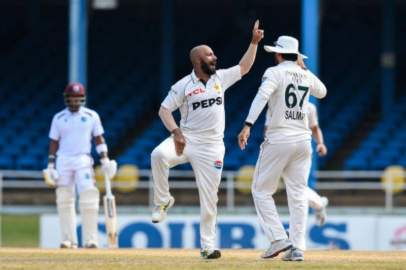 Sajid Khan of Pakistan celebrates the dismissal of Tagenarine Chanderpaul (left) of West Indies during the third day of the second Test at Queen's Park Oval in Port of Spain, Trinidad and Tobago, on August 4, 2026. (AFP) Sajid Khan of Pakistan celebrates the dismissal of Tagenarine Chanderpaul (left) of West Indies during the third day of the second Test at Queen's Park Oval in Port of Spain, Trinidad and Tobago, on August 4, 2026. (AFP)