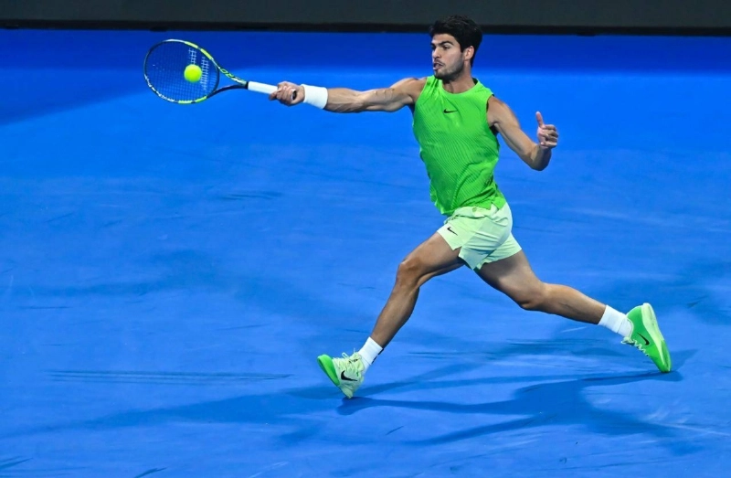 Spain's Carlos Alcaraz hits a return against Russia's Karen Khachanov during their quarterfinal match at the Qatar Open in Doha on February 19, 2026. (AFP) Spain's Carlos Alcaraz hits a return against Russia's Karen Khachanov during their quarterfinal match at the Qatar Open in Doha on February 19, 2026. (AFP)