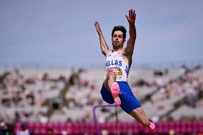 Greece's Miltiadis Tentoglou competes in the men's long jump qualifier during the European Athletics Championships at Alexander Stadium in Birmingham on August 10, 2026. (AFP) Greece's Miltiadis Tentoglou competes in the men's long jump qualifier during the European Athletics Championships at Alexander Stadium in Birmingham on August 10, 2026. (AFP)