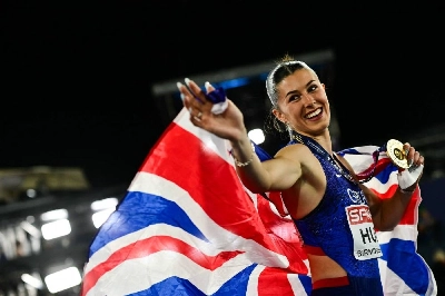 Gold medallist Britain's Amy Hunt celebrates after winning the women's 100m final during the European Athletics Championships at Alexander Stadium in Birmingham on August 10, 2026. (AFP) Gold medallist Britain's Amy Hunt celebrates after winning the women's 100m final during the European Athletics Championships at Alexander Stadium in Birmingham on August 10, 2026. (AFP)